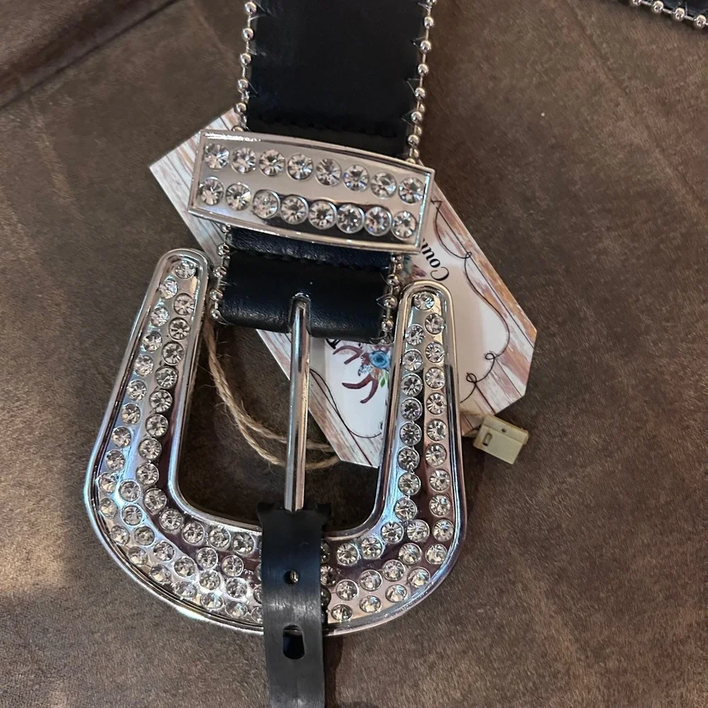 Womens Western Rhinestone Belt Black Silver Studded Bling Cowgirl  Medium‎ New